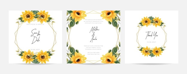 Elegant wedding card with yellow sunflowers template Romantic hand drawn