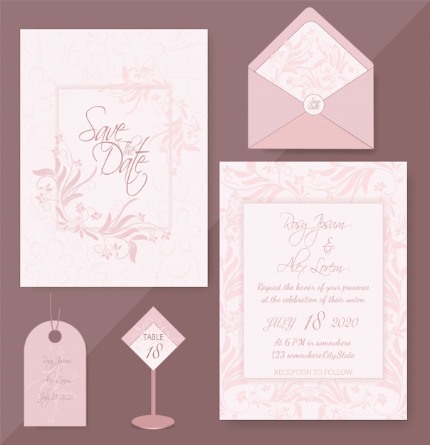 Elegant wedding cards consist of various kinds of flowers.