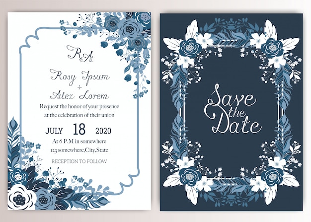 Elegant wedding cards consist of various kinds of flowers.