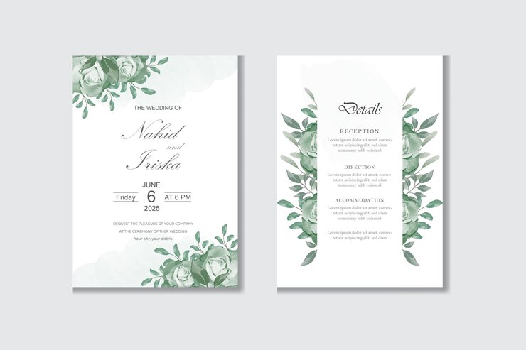 Elegant wedding invitation card design template with watercolor floral