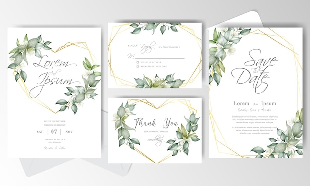 Elegant wedding invitation card set template with arrangement floral