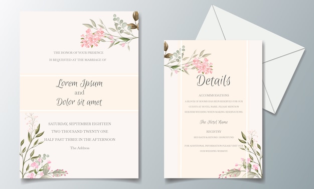 Шаблон элегантного свадебного пригласительного билета с красивыми цветами и листьями