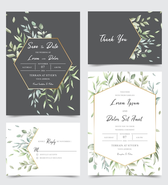 Set di carte invito matrimonio elegante con foglie acquerello verde