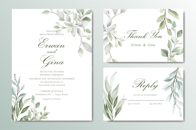 Elegant wedding invitation card set with watercolor leaves