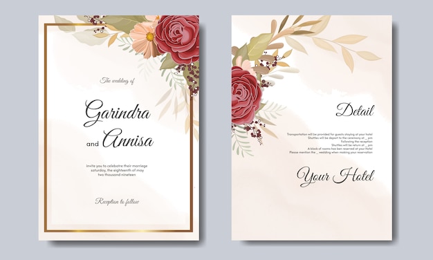 Elegant  wedding invitation card template design with golden frame and leaves