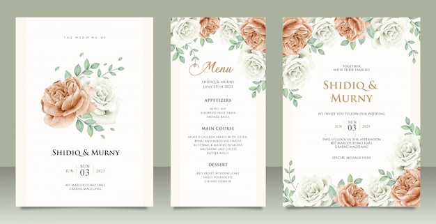 Elegant wedding invitation card template design with peonies