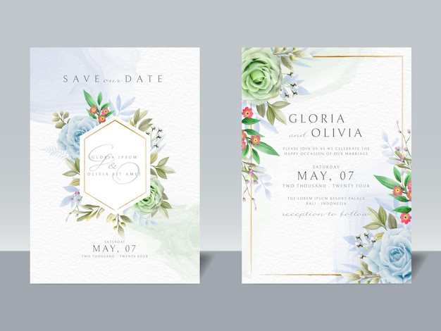 エレガントな結婚式の招待カードテンプレート花の水彩画
