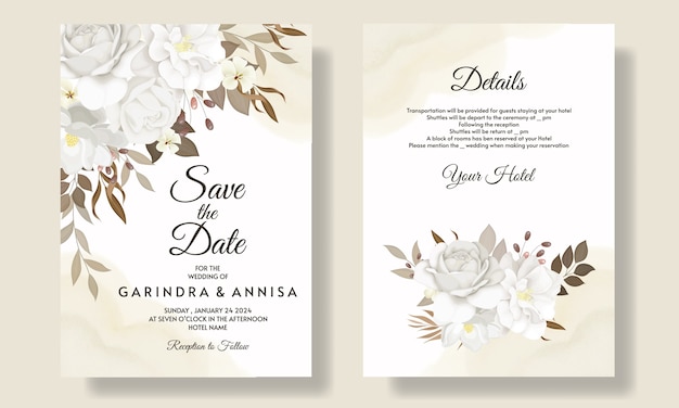 아름 다운 흰 꽃과 잎으로 설정 우아한 결혼식 초대 카드 템플릿