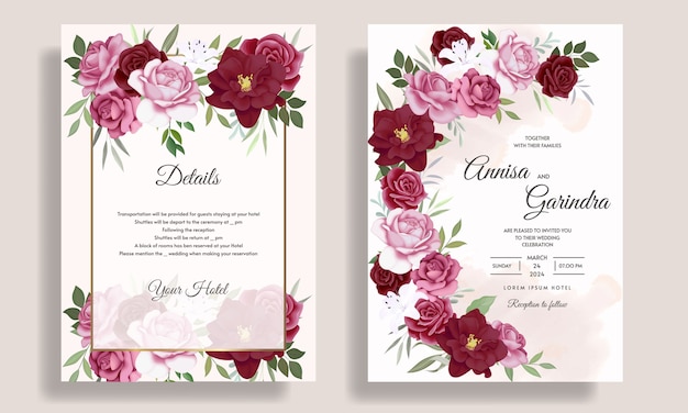 Modello di carta di invito matrimonio elegante con foglie floreali bordeaux