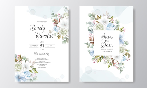 Elegant wedding invitation card template set with floral decoration