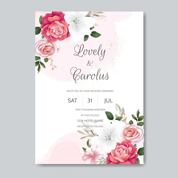 Elegant wedding invitation card template set with floral decoration