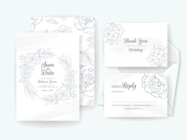 Modello di carta di invito matrimonio elegante impostato con motivo floreale. composizione di fiori per salvare la data, il saluto, rsvp e grazie design