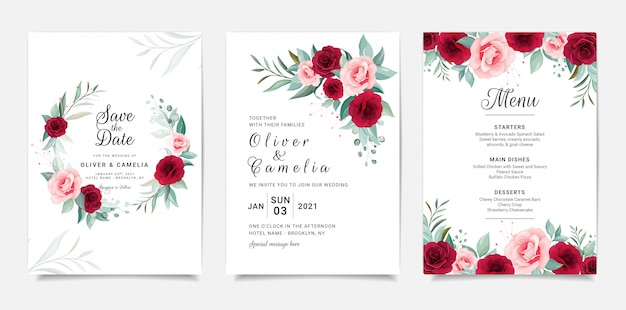 Elegant wedding invitation card template set with flowers decoration