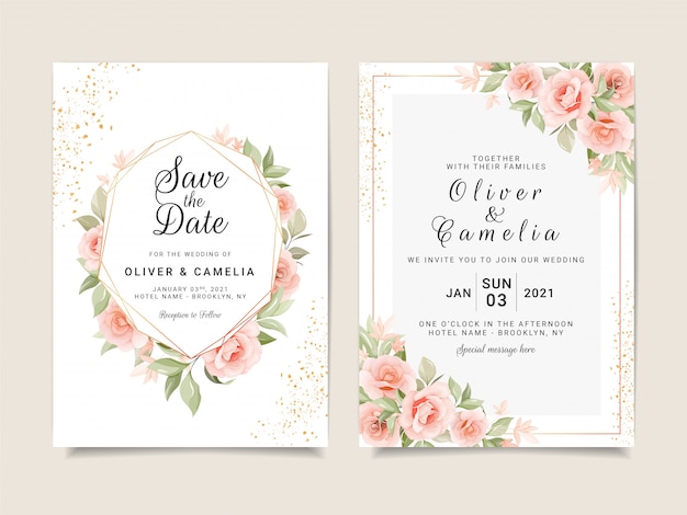 Modello di carta di invito matrimonio elegante set con cornice floreale oro e glitter