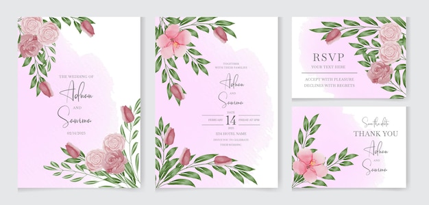 Vector elegant wedding invitation card template set with leaves and splash