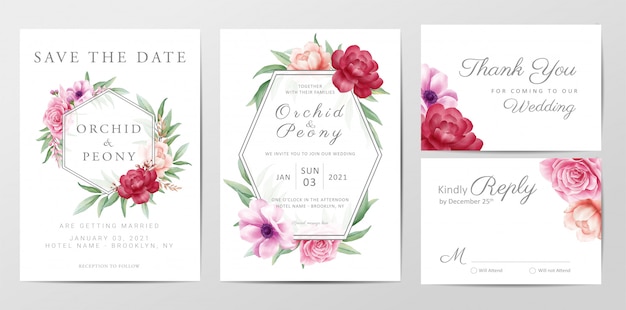 Elegant wedding invitation card template set with roses flowers