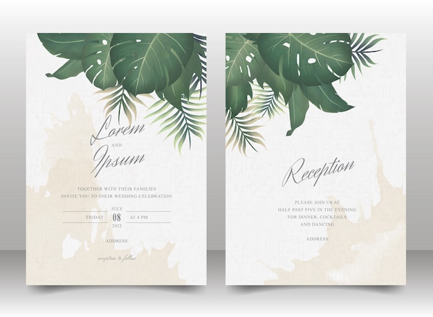 Elegant wedding invitation card template set with tropical leaves and watercolor splash background