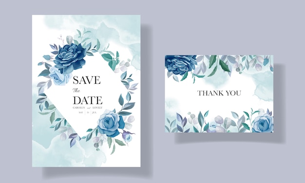 Elegant wedding invitation card template with beautiful blue floral frame