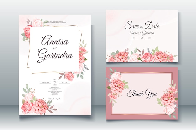 Elegant wedding invitation card template with beautiful floral leaves Premium Vector