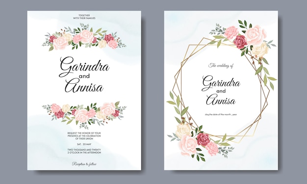elegant wedding invitation card template with beautiful floral leaves