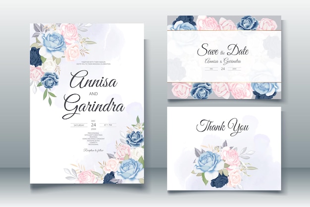 Элегантный шаблон свадебного приглашения с цветами и листьями розовый темно-синий premium векторы