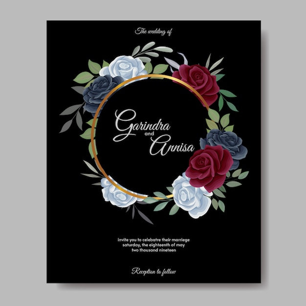 Modello di carta di invito matrimonio elegante con floreale e foglie blu navy