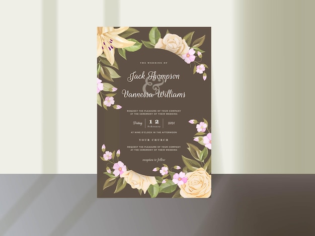 Elegant wedding invitation card template with flowers and leaves