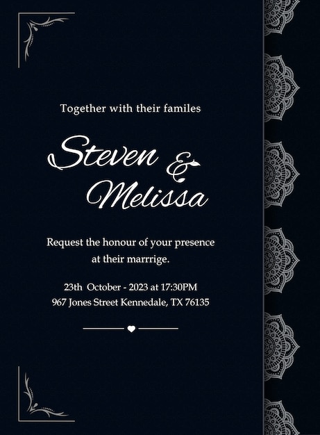 Elegant wedding invitation card template with silver mandala 