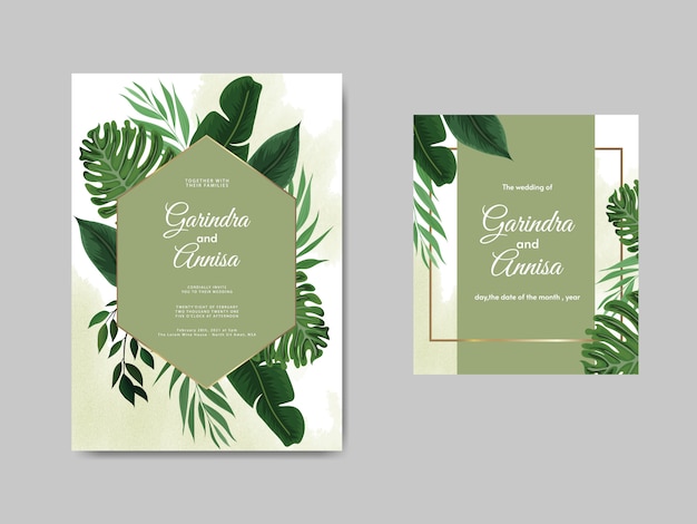 Elegant wedding invitation card template with tropical leaves