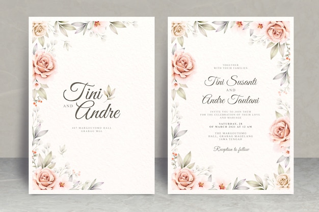 Vettore tema di carta di invito matrimonio elegante con acquerello cornice floreale