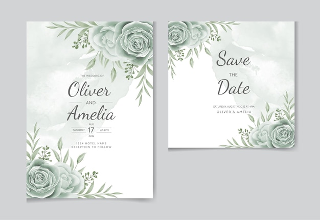 Элегантный свадебный пригласительный билет с красивым цветущим цветком и дизайном листьев бесплатные векторы