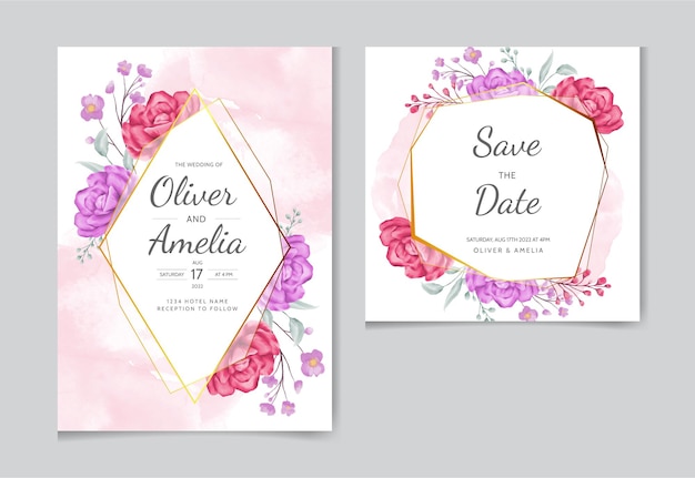 美しい咲く花と葉のデザインのエレガントな結婚式の招待カード無料ベクトル