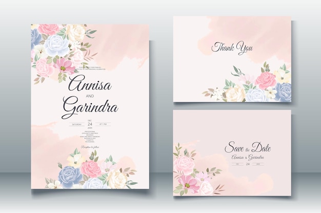 Elegante carta di invito a nozze con bellissimo modello colorato di fiori e foglie vettore premium