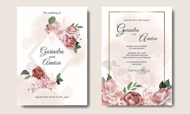 美しい花と葉のテンプレートとエレガントな結婚式の招待カード