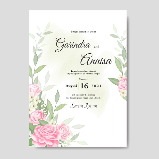 Elegant wedding invitation card with beautiful floral and leaves template