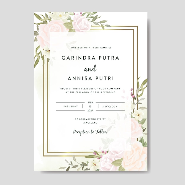 Elegant wedding invitation card with beautiful floral and leaves template  