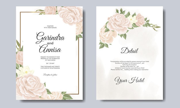 Elegant wedding invitation card with beautiful floral and leaves template