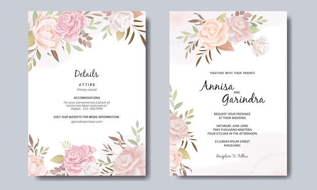 Elegant wedding invitation card with beautiful floral and leaves template