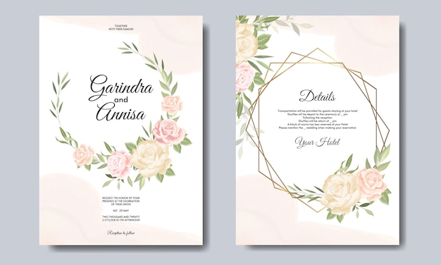 Elegant wedding invitation card with beautiful floral and leaves template