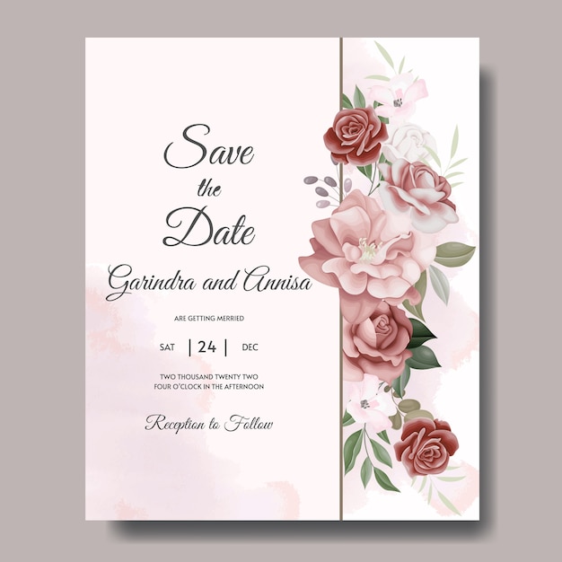 Vector elegant wedding invitation card with beautiful floral and leaves template