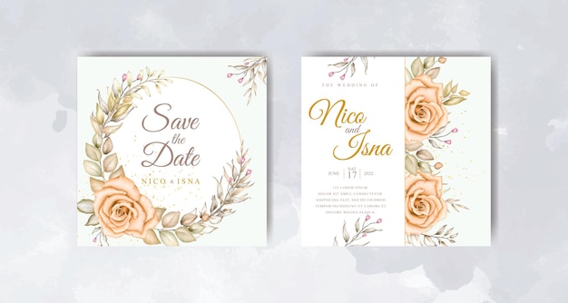 elegant wedding invitation card with beautiful flowers and leaves watercolor