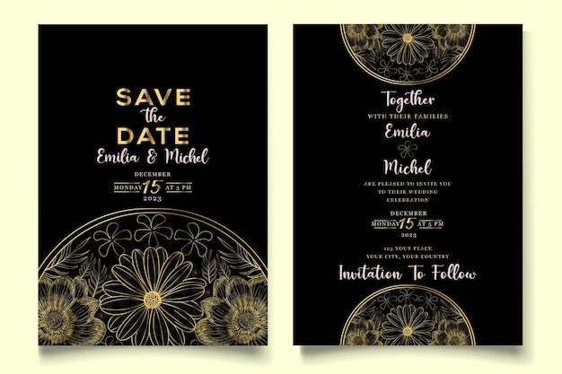 Elegant Wedding invitation card with beautiful gold floral and leaves template