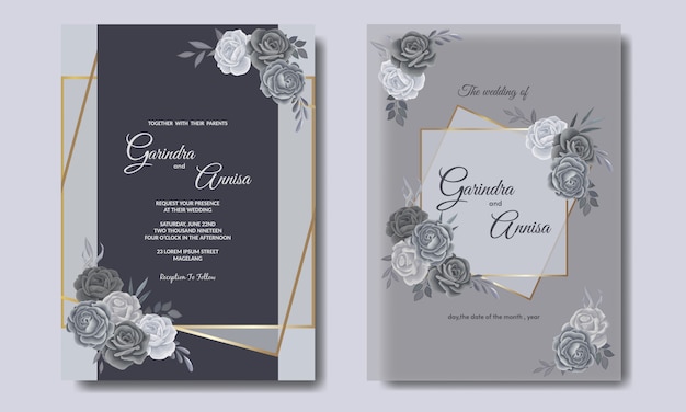 Elegant wedding invitation card with beautiful gray floral and leaves template