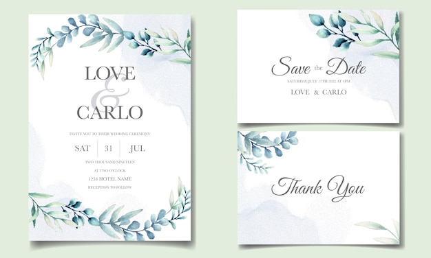 Elegant wedding invitation card with beautiful leaves watercolor template