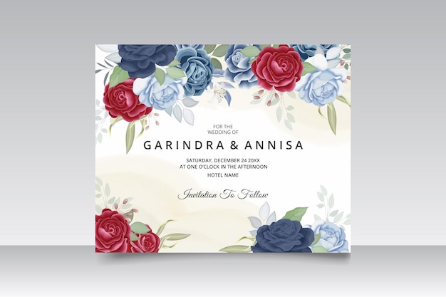 Элегантный свадебный пригласительный билет с красивым темно-синим цветочным шаблоном и листьями premium векторы