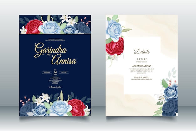 Elegante carta di invito a nozze con bellissimo modello floreale e foglie blu navy vettore premium