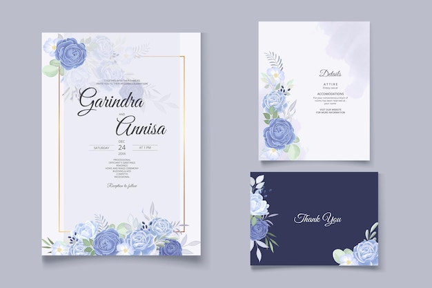 Elegant wedding invitation card with beautiful navy blue  floral and leaves template Premium Vector