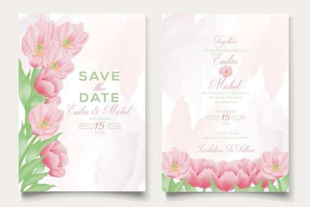 Vettore elegante biglietto d'invito per matrimonio con bellissimo modello di tulipano rosa floreale e foglie