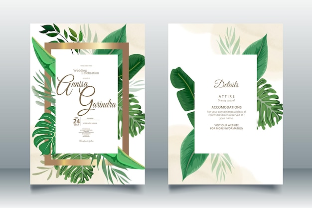 Elegant wedding invitation card with beautiful tropical leaves template Premium Vector