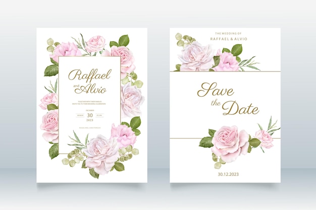 Elegant wedding invitation card with beautiful watercolor floral and leaves